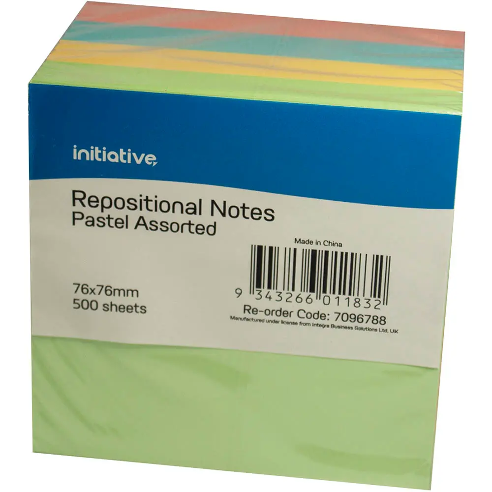 INITIATIVE REPOSITIONAL NOTES CUBE 76 X 76MM PASTEL ASSORTED 500 SHEETS