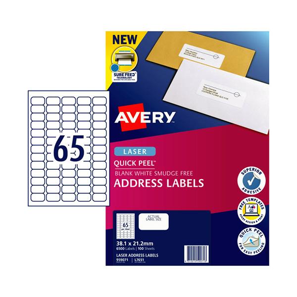 AVERY 959071 L7651 QUICK PEEL ADDRESS LABEL WITH SURE FEED LASER 65UP WHITE PACK 100