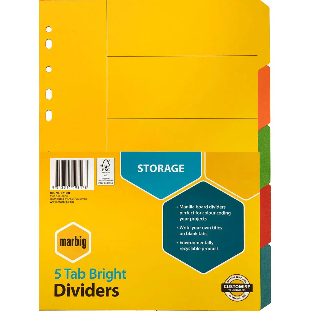 MARBIG DIVIDER MANILLA 5-TAB A4 BRIGHT ASSORTED