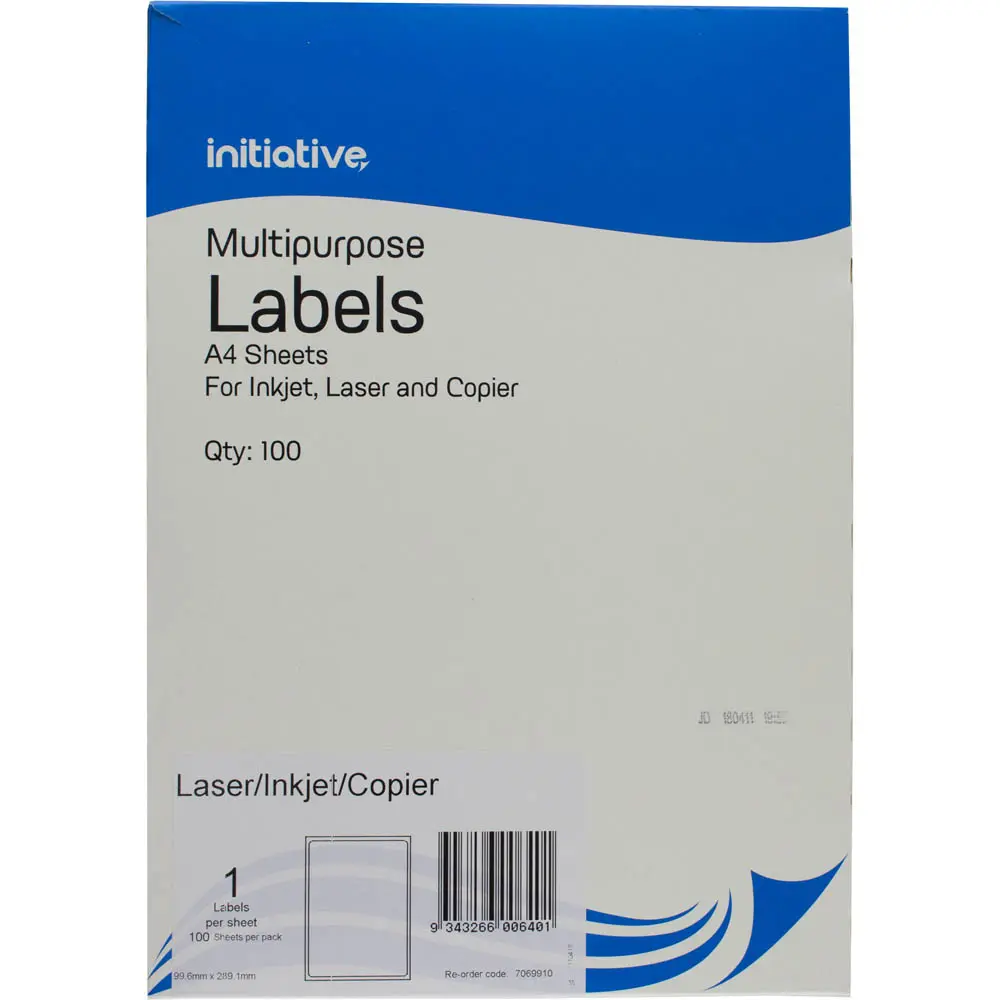 INITIATIVE MULTI-PURPOSE LABELS 1UP 65GSM 199.6 X 289.1MM PACK 100