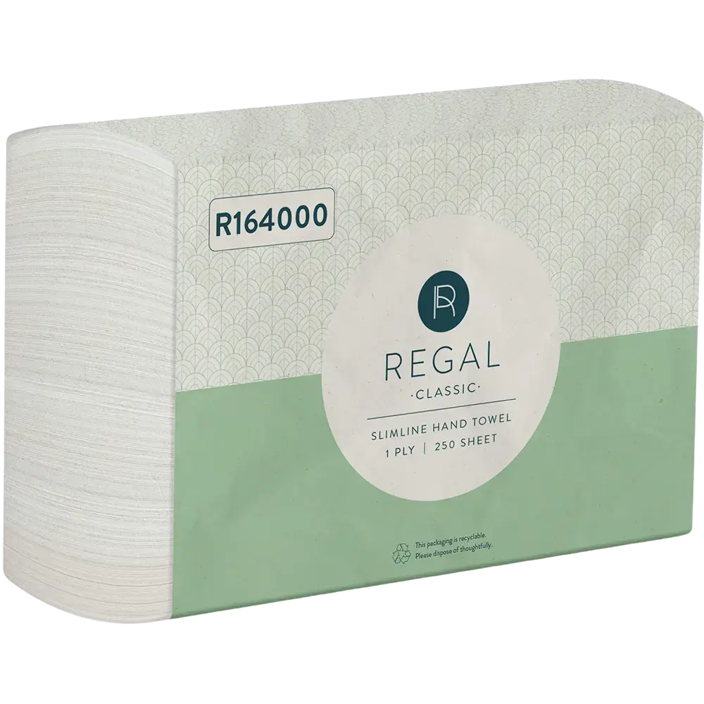 REGAL CLASSIC SLIMLINE INTERLEAVED HAND TOWEL 1-PLY 220 X 225MM 250 SHEET
