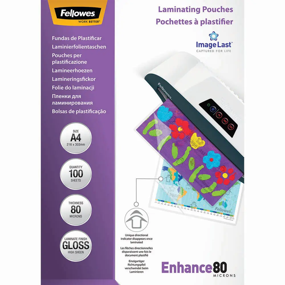 FELLOWES ENHANCE LAMINATING POUCH GLOSS 80 MICRON A4 CLEAR PACK 100