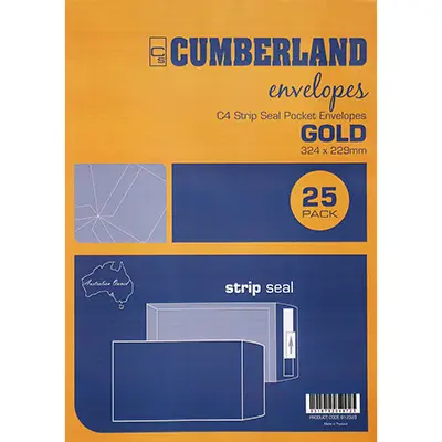 [8001407] CUMBERLAND C4 ENVELOPES POCKET PLAINFACE STRIP SEAL 85GSM 324 X 229MM GOLD PACK 25