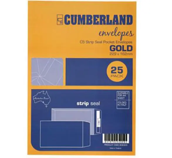 [8000596] CUMBERLAND C5 ENVELOPES POCKET PLAINFACE STRIP SEAL 85GSM 162 X 229MM GOLD PACK 25