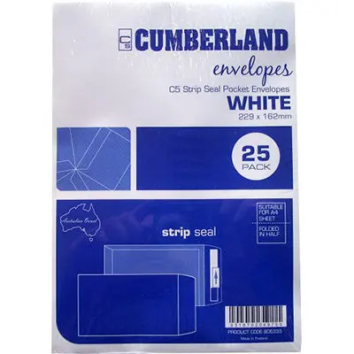 CUMBERLAND C5 ENVELOPES POCKET PLAINFACE STRIP SEAL 85GSM 162 X 229MM WHITE PACK 25