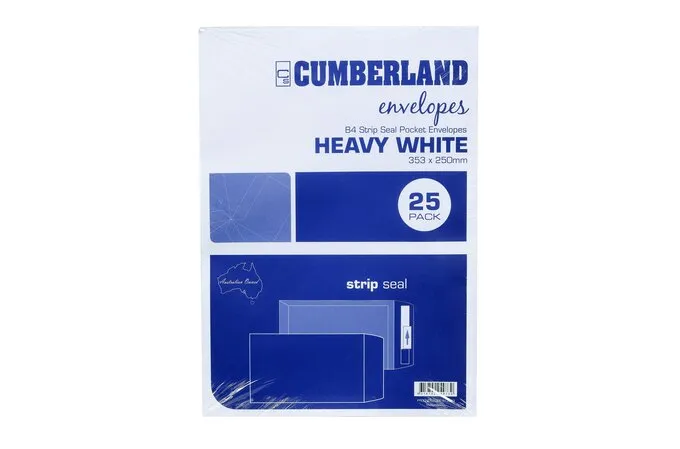 [8006601] CUMBERLAND B4 ENVELOPES POCKET PLAINFACE STRIP SEAL 100GSM 353 X 250MM WHITE PACK 25