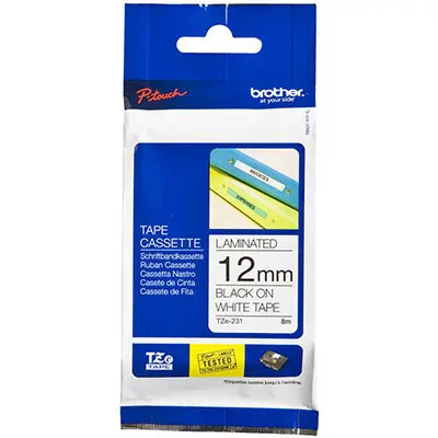 BROTHER TZE-231 LAMINATED LABELLING TAPE 12MM BLACK ON WHITE