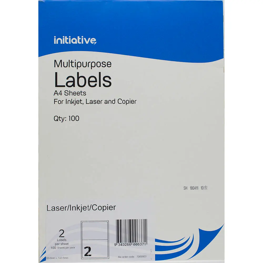 INITIATIVE MULTI-PURPOSE LABELS 2UP 65GSM 199.6 X 143.5MM PACK 100