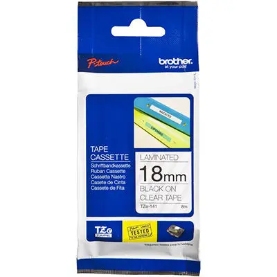 BROTHER TZE-141 LAMINATED LABELLING TAPE 18MM BLACK ON CLEAR