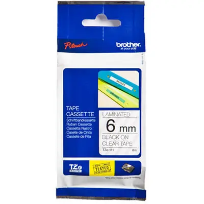 BROTHER TZE-111 LAMINATED LABELLING TAPE 6MM BLACK ON CLEAR
