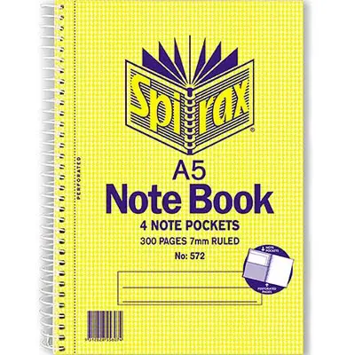 [8010501] SPIRAX 572 NOTEBOOK 7MM RULED SPIRAL BOUND SIDE OPEN 4 POCKETS 300 PAGE A5