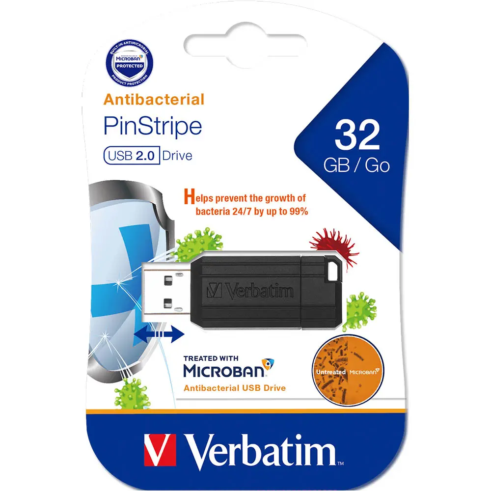VERBATIM MICROBAN STORE-N-GO PINSTRIPE USB FLASH DRIVE 2.0 32GB BLACK