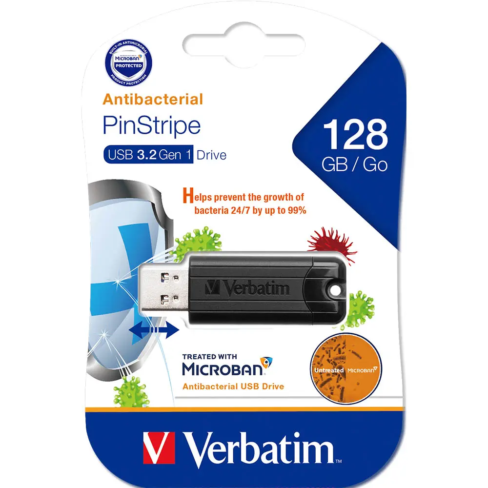 VERBATIM MICROBAN STORE-N-GO PINSTRIPE USB FLASH DRIVE 3.0 128GB BLACK