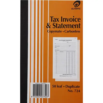 OLYMPIC 724 INVOICE AND STATEMENT BOOK CARBONLESS DUPLICATE 50 LEAF 200 X 125MM