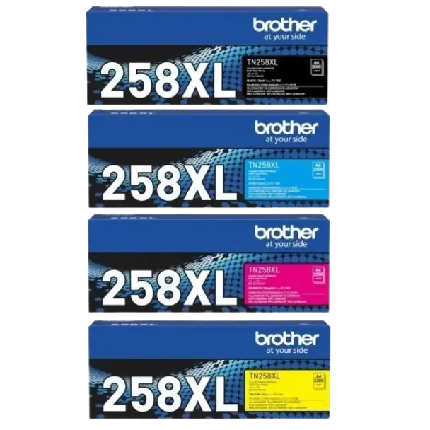 BROTHER TN258XL HIGH YIELD BUNDLE TONER CARTRIDGES - BLACK, CYAN, MAGENTA, YELLOW
