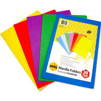MARBIG MANILLA FOLDER FOOLSCAP ASSORTED PACK 20