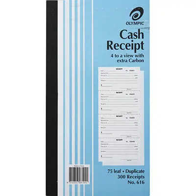 OLYMPIC 616 CASH RECEIPT BOOK 4 TO VIEW CARBON DUPLICATE 75 LEAF 254 X 135MM