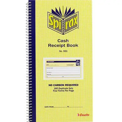 SPIRAX 553 CASH RECEIPT BOOK CARBONLESS 80 PAGE 279 X 144MM