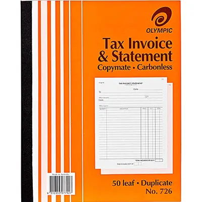 OLYMPIC 726 INVOICE AND STATEMENT BOOK CARBONLESS DUPLICATE 50 LEAF 250 X 200MM