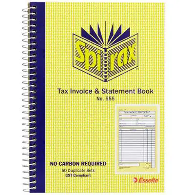 SPIRAX 555 TAX INVOICE AND STATEMENT BOOK CARBONLESS 50 PAGE 207 X 144MM