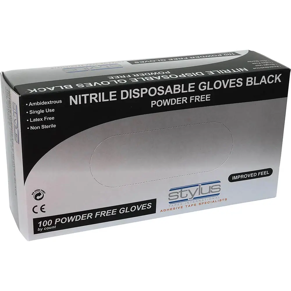 STYLUS NITRILE POWDER-FREE DISPOSABLE GLOVES SMALL/MEDIUM BLACK PACK 100