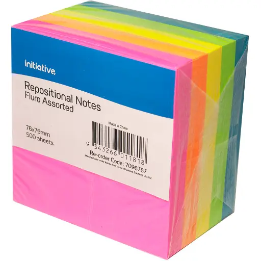 [7096787] INITIATIVE REPOSITIONAL NOTES CUBE 76 X 76MM FLURO ASSORTED 500 SHEETS