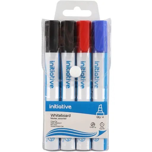 [7106367] INITIATIVE WHITEBOARD MARKERS CHISEL 5MM ASSORTED WALLET 4