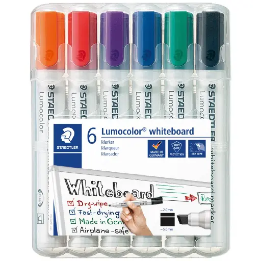 [7006144] STAEDTLER 351 LUMOCOLOR WHITEBOARD MARKER BULLET ASSORTED WALLET 6