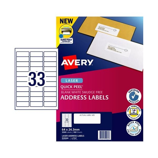 [7012491] AVERY 959060 L7157 QUICK PEEL ADDRESS LABEL WITH SURE FEED LASER 33UP WHITE PACK 100