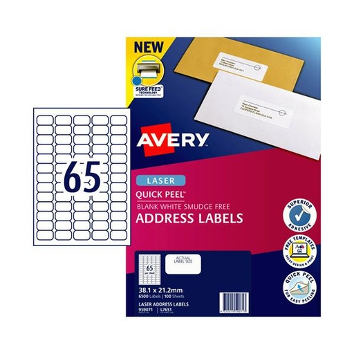 [7001961] AVERY 959071 L7651 QUICK PEEL ADDRESS LABEL WITH SURE FEED LASER 65UP WHITE PACK 100