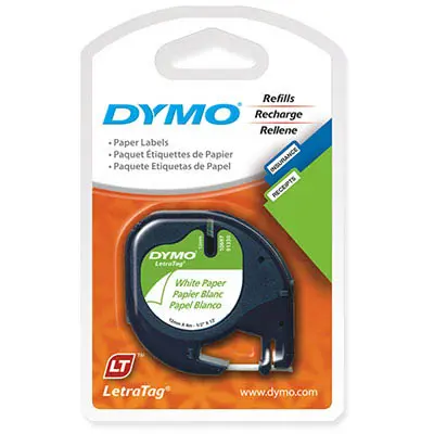 [7019347] DYMO 92630 LETRATAG LABELLING TAPE PAPER 12MM X 4M BLACK ON PEARL WHITE PACK 2