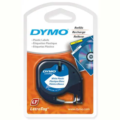 [7056198] DYMO 91331 LETRATAG PLASTIC LABELLING TAPE 12MM X 4M BLACK ON PEARL WHITE