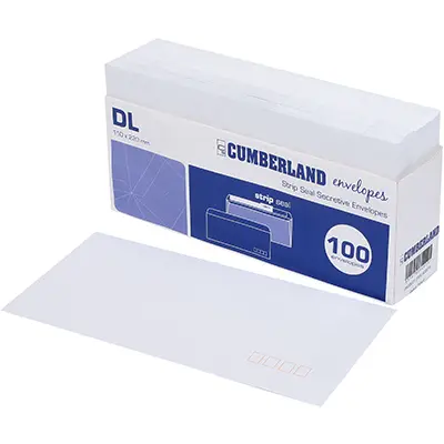 [7008601] CUMBERLAND DL ENVELOPES SECRETIVE WALLET PLAINFACE STRIP SEAL POST OFFICE SQUARES 80GSM 110 X 220MM WHITE TRAY 100
