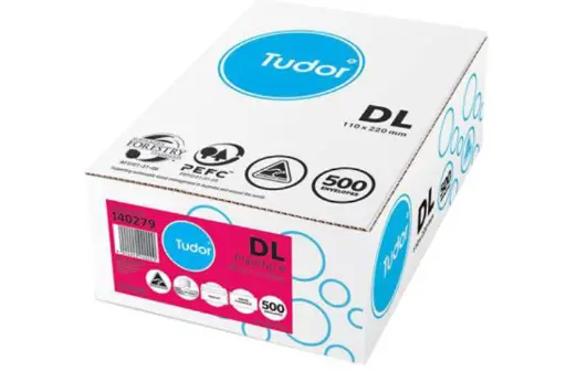 [7020720] TUDOR DL ENVELOPES WALLET PLAINFACE STRIP SEAL 80GSM 110 X 220MM WHITE BOX 500