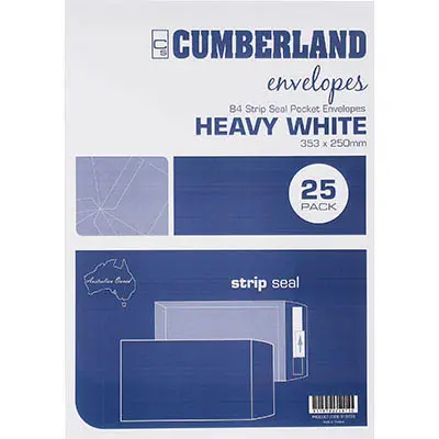 [7006601] CUMBERLAND B4 ENVELOPES POCKET PLAINFACE STRIP SEAL 100GSM 353 X 250MM WHITE PACK 25