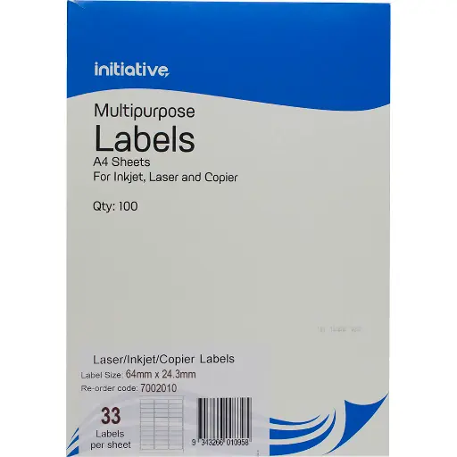 [7002010] INITIATIVE MULTI-PURPOSE LABELS 33UP 65GSM 64 X 24.3MM PACK 100